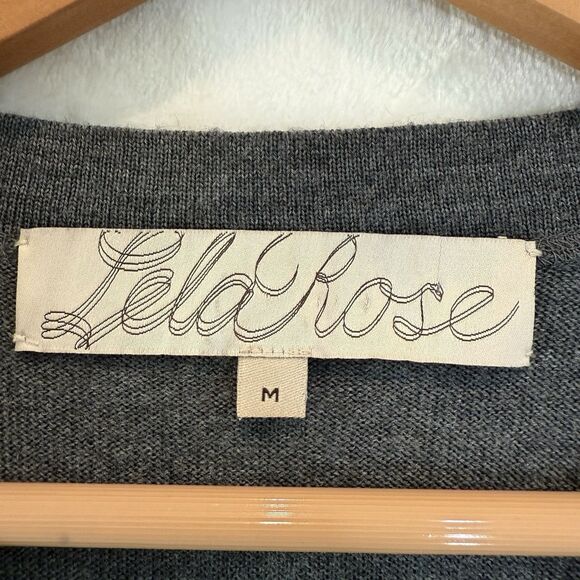 Lela Rose Sweater Merino Wool Blue Gray Floral Knit Lace V-Neck Crochet M - Picture 3 of 6